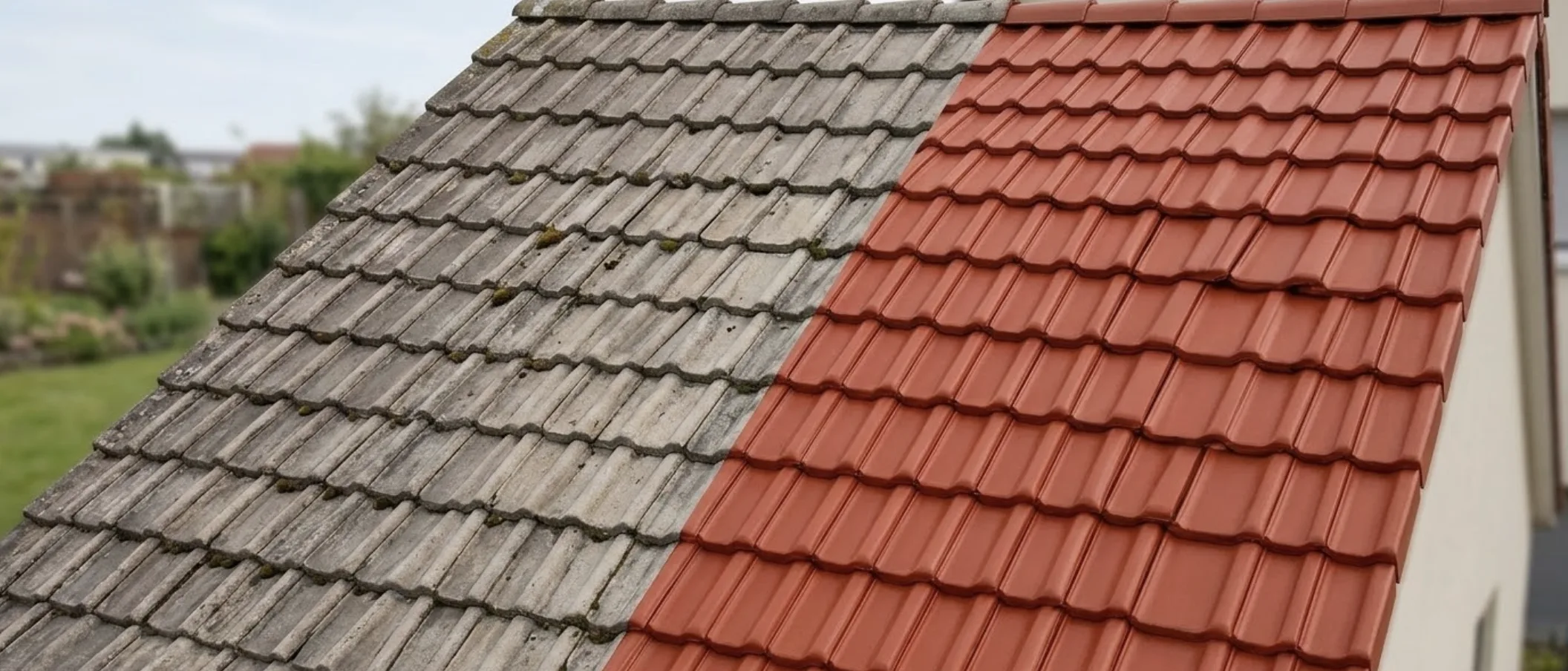 Gros plan sur des tuiles en terre cuite sous la pluie. L'eau forme des billes parfaites qui roulent sur la surface sans pénétrer, illustrant visuellement le fameux effet perlant d'un traitement hydrofuge de qualité.